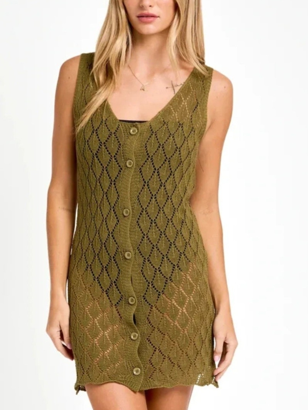 Le Lis Olive Openwork Knit Button-Front Swim Coverup